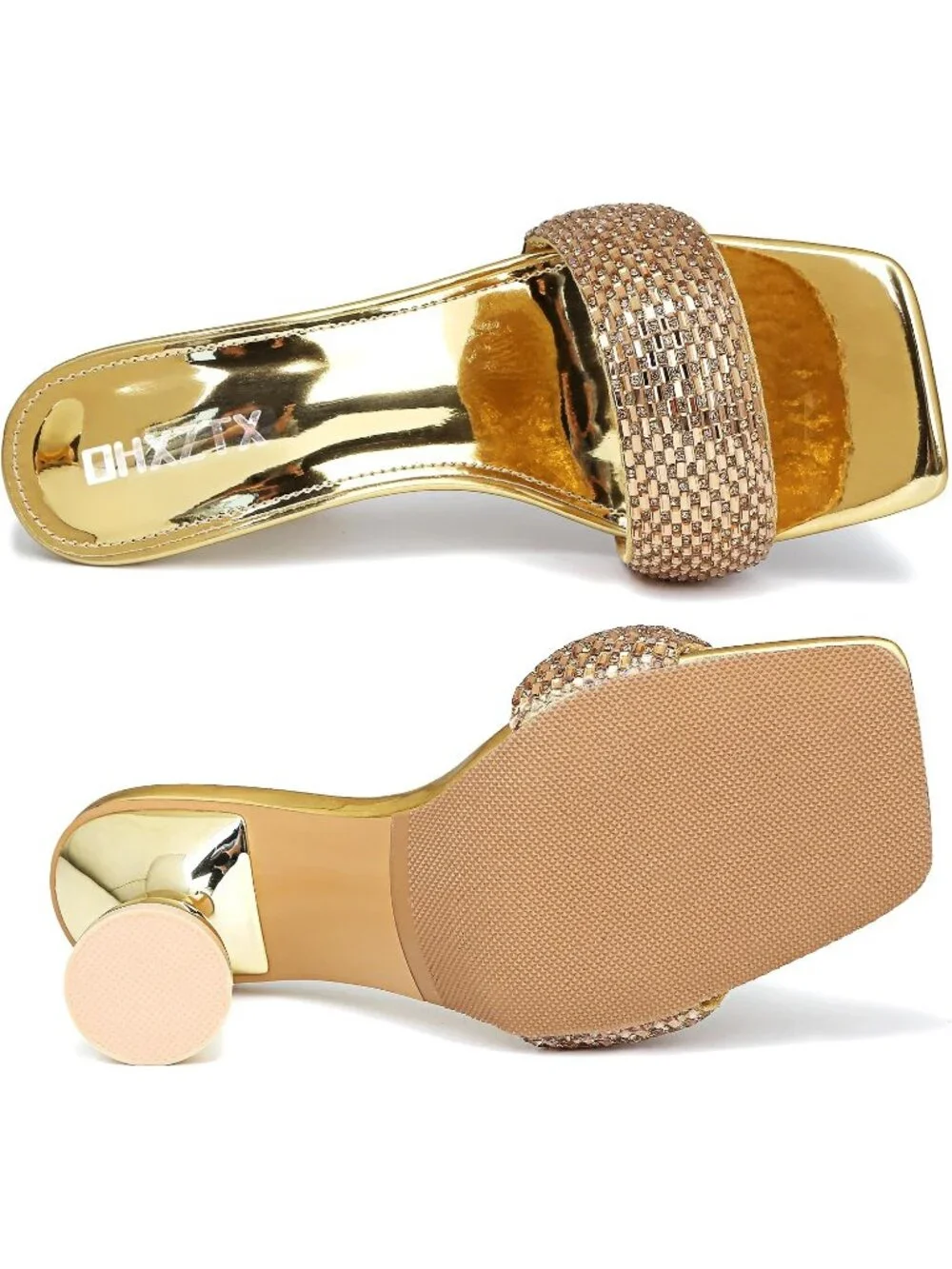 Women's Gold Rhinestone Square Open Toe 3.15 IN Square Kitten Heels Sandals